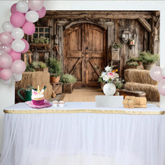 Lofaris Rustikaler Landhaus-Fotohintergrund mit Holztür und Strohballen, natürliche Kulisse für Porträts und Fotoshootings