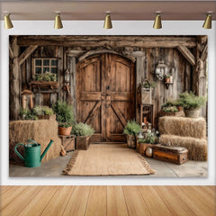 Lofaris Rustikaler Landhaus-Fotohintergrund mit Holztür und Strohballen, natürliche Kulisse für Porträts und Fotoshootings