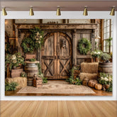Lofaris Rustikaler Holzscheunen Fotohintergrund mit Heuballen und Grünpflanzen, natürliche Bauernhof-Kulisse für Herbst- und Porträtfotografie