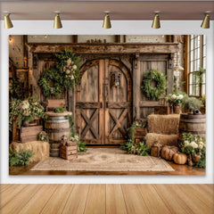 Lofaris Rustikaler Holzscheunen Fotohintergrund mit Heuballen und Grünpflanzen, natürliche Bauernhof-Kulisse für Herbst- und Porträtfotografie