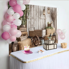 Lofaris Rustikaler Holzwand Fotohintergrund mit Heuballen, charmante Kulisse mit Laternen und Grünpflanzen für Fotoshootings