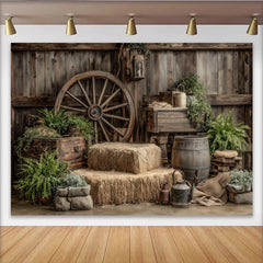 Lofaris Rustikaler Holz-Fotohintergrund mit Wagenrad und Heuballen, Vintage Kulisse für professionelle Fotostudios und Porträts