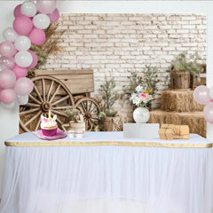 Lofaris Rustikaler Landhaus-Fotohintergrund mit Heuballen und Ziegelwand, ideale Kulisse für professionelle Porträts und Babyfotografie