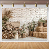 Lofaris Rustikaler Landhaus-Fotohintergrund mit Heuballen und Ziegelwand, ideale Kulisse für professionelle Porträts und Babyfotografie