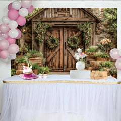 Lofaris Rustikaler Scheunentor-Fotohintergrund mit grünen Pflanzen und Kränzen, natürliche Kulisse für Fotoshootings und Eventdekoration