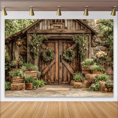 Lofaris Rustikaler Scheunentor-Fotohintergrund mit grünen Pflanzen und Kränzen, natürliche Kulisse für Fotoshootings und Eventdekoration