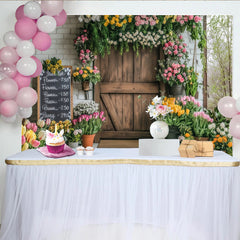 Lofaris Rustikaler Blumenladen Fotohintergrund mit Holztür und bunten Blumen, charmante Kulisse für professionelle Fotografie
