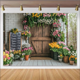 Lofaris Rustikaler Blumenladen Fotohintergrund mit Holztür und bunten Blumen, charmante Kulisse für professionelle Fotografie