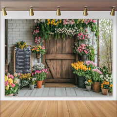 Lofaris Rustikaler Blumenladen Fotohintergrund mit Holztür und bunten Blumen, charmante Kulisse für professionelle Fotografie
