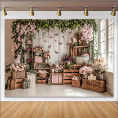Lofaris Rosa Blumen Schmetterlinge Frühlingsgartenfotohintergrund, elegante rustikale Kulisse für professionelle Fotoshootings