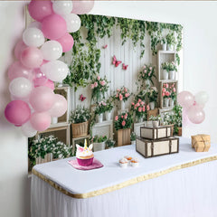Lofaris Frühlingshafter Garten Fotohintergrund mit rosa Blumen und Ranken, stilvolle Kulisse für Fotostudio und Eventdekoration