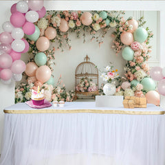 Lofaris Eleganter Blumen- und Ballon-Fotohintergrund mit Vogelkäfig, wunderschöne Kulisse für Babypartys und Fotoshootings