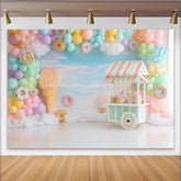 Lofaris Pastellfarbener Bonbon-Geburtstagshintergrund mit Luftballons und Lutscher, verträumte Fotokulisse für Kinderparty und Fotoshooting