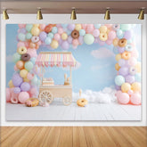 Lofaris Süßigkeitenwagen Geburtstagshintergrund Pastell Luftballons Donuts, wunderschöne Fotokulisse für Kinderparty und Fotoshooting