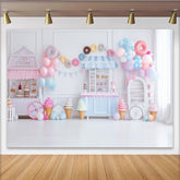 Lofaris Pastellfarbener Süßigkeiten-Geburtstagshintergrund mit Donuts und Eiscreme, wunderschöne Fotokulisse für Kinderparty und Fotoshooting