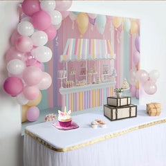Lofaris Pastell-Geburtstagshintergrund mit Süßigkeitenstand und Luftballons, bezaubernde Party Kulisse für Kinder Fotoshooting