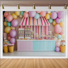 Lofaris Bunter Süßigkeitenladen-Geburtstagshintergrund mit Pastell-Luftballons, bezaubernde Fotokulisse für Kinderparty Fotoshooting