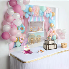 Lofaris Pastell Donut Geburtstagshintergrund mit Luftballons und Dessertwagen, süße Fotokulisse für Kinderparty und Fotoshooting