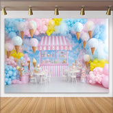 Lofaris Pastellfarbener Eiscreme-Geburtstagshintergrund für Kinderparty, süße Süßigkeitenladen Fotokulisse mit Luftballons für Fotos