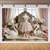 Lofaris Eleganter rosa Ballett-Hintergrund mit Schwan und Rosen, Vintage Fotokulisse für Mädchen und Prinzessinnenparty