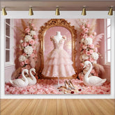 Lofaris Rosa Prinzessinnen Fotohintergrund mit Schwan und Rosen, elegante Kulisse für romantische Fotoshootings und Dekoration
