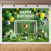 Lofaris Grüner Fußball-Geburtstagshintergrund mit Tor, Pokal und Ballons, sportliche Fotowand für Kindergeburtstag und Partydekoration