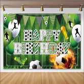 Lofaris Grüner Fußballfeld Happy Birthday Hintergrund für Jungen mit Ballons und Spielern, lebendige Sport-Partydekoration Fotowand mit Trophäe