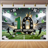 Lofaris Grün Schwarz Gold 10. Geburtstag Fußball-Geburtstagshintergrund für Jungen, sportliche Partydekoration mit Krone für Fotoshooting