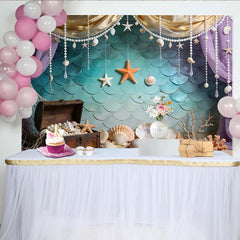 Lofaris Türkis-lila Meerjungfrauenfotohintergrund mit Muscheln und Seesternen, magische Unterwasser-Fotokulisse für Fotoshooting und Party