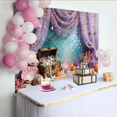 Lofaris Lila Meerjungfrauen-Hintergrund mit schimmernden Perlen und Muscheln, elegante Unterwasser-Schatzkulisse für Fotostudio