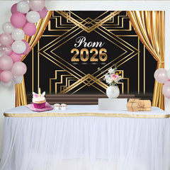 Lofaris Schwarz-Gold Art-Déco Abschlussball 2026 Hintergrund, Eleganter Fotohintergrund mit goldenen Vorhängen für glamouröse Partys