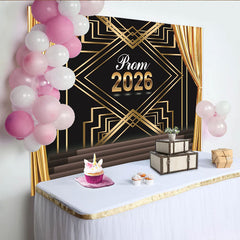Lofaris Schwarz-Gold Art-Déco Abschlussball 2026 Hintergrund, Eleganter Fotohintergrund mit goldenen Vorhängen für glamouröse Partys