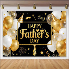 Lofaris Schwarz-goldener Happy Father's Day Vatertagshintergrund mit Ballons und Glitzer, elegante Fotowand für festliche Vatertagsfeie