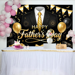 Lofaris Eleganter schwarz-goldener Vatertagshintergrund mit Anzug Krawatte und Ballons, festliche Fotowand für Papa und Männer