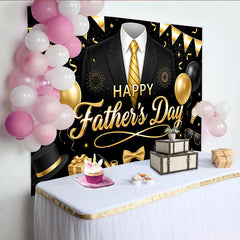 Lofaris Eleganter schwarz-goldener Vatertagshintergrund mit Anzug Krawatte und Ballons, festliche Fotowand für Papa und Männer