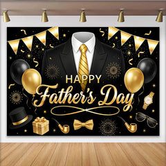 Lofaris Eleganter schwarz-goldener Vatertagshintergrund mit Anzug Krawatte und Ballons, festliche Fotowand für Papa und Männer
