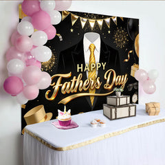 Lofaris Eleganter Vatertagshintergrund in Schwarz Gold mit Anzug und Ballons, stilvolle Fotokulisse für Papa und festliche Herren-Events