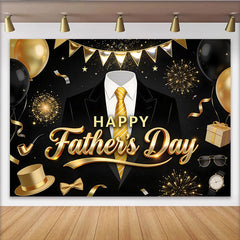 Lofaris Eleganter Vatertagshintergrund in Schwarz Gold mit Anzug und Ballons, stilvolle Fotokulisse für Papa und festliche Herren-Events