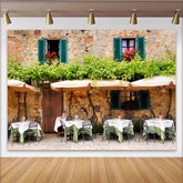 Lofaris Mediterraner Straßencafé Hintergrund mit rustikaler Steinwand und grünen Pflanzen, Fotokulisse für Fotoshooting und Eventdekoration