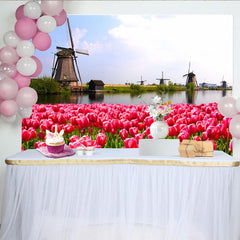 Lofaris Roter Tulpenfeld Hintergrund mit Windmühlen und blauem Himmel, idyllische Frühlingslandschaft Fotowand für Studioaufnahmen