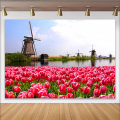 Lofaris Roter Tulpenfeld Hintergrund mit Windmühlen und blauem Himmel, idyllische Frühlingslandschaft Fotowand für Studioaufnahmen