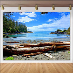 Lofaris Malerischer Strandlandschaft Hintergrund mit blauem Meer und Treibholz, beruhigende Fotowand für entspannte Fotoshootings