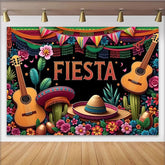 Lofaris Bunter Mexikanischer Fiesta Hintergrund mit Gitarren Sombreros und Kakteen, lebendige Fotowand für Party Dekoration und Fotoshooting