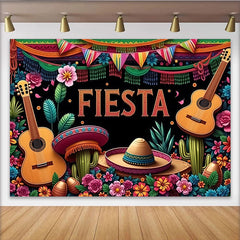 Lofaris Bunter Mexikanischer Fiesta Hintergrund mit Gitarren Sombreros und Kakteen, lebendige Fotowand für Party Dekoration und Fotoshooting