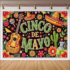 Lofaris Farbenfroher Cinco de Mayo Hintergrund mit Gitarre und Sombrero, fröhliche Partydekoration für Fiesta und Fotoshooting