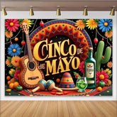 Lofaris Lebendiger Cinco de Mayo Hintergrund mit Gitarre und bunten Blumen, festliche mexikanische Fotowand für Partys und Fotoshootings