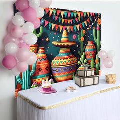 Lofaris Bunter Mexikanische Fiesta Hintergrund mit Kakteen und Sombrero, festliche Partydekoration für Fotoshooting und Feierlichkeiten