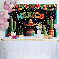 Lofaris Bunter Mexiko Party Hintergrund mit Sombrero und Kakteen, festliche Kulisse für Cinco de Mayo und Fiesta Dekoration