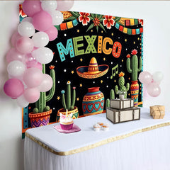Lofaris Bunter Mexiko Party Hintergrund mit Sombrero und Kakteen, festliche Kulisse für Cinco de Mayo und Fiesta Dekoration