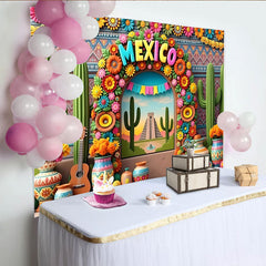 Lofaris Bunter Mexiko-Fiesta-Hintergrund mit Kakteen und Blumen, lebendige Fotowand für festliche Anlässe und Eventdekoration